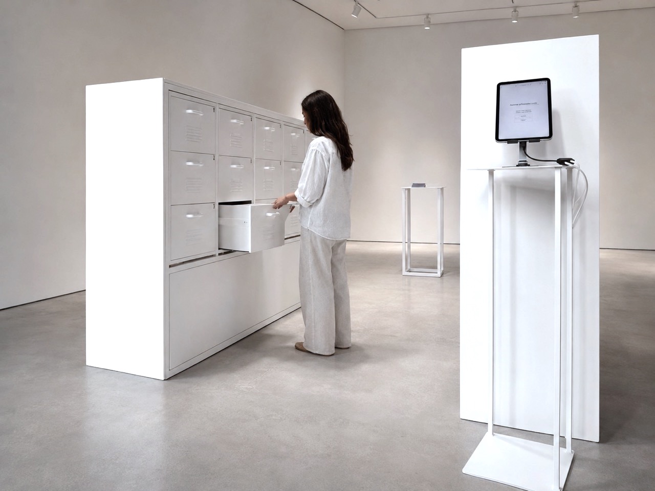 Archive of Possible Lives installation with archive cabinets