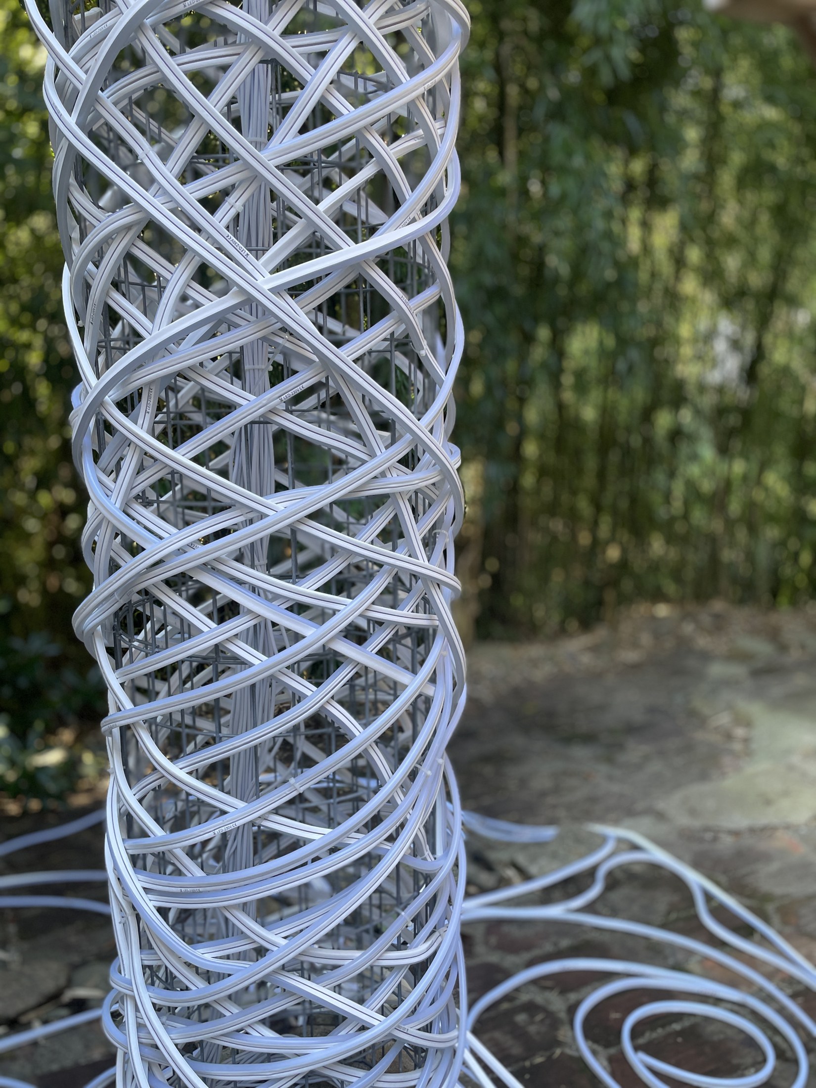 Unfolding Light, 2026 — wire structure and LED lines in daylight